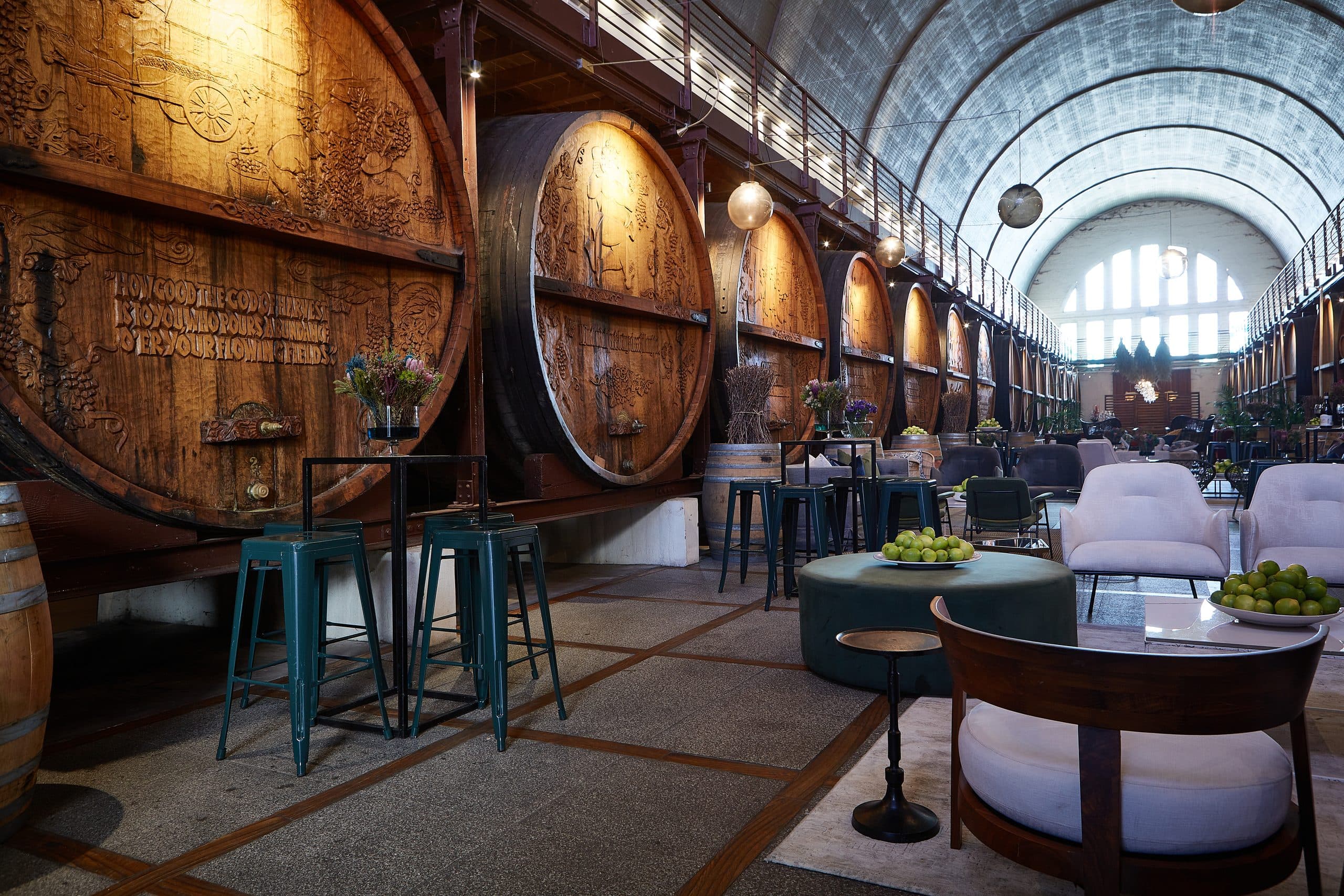 The Cathedral Cellar interior, lined with carved oak barrels